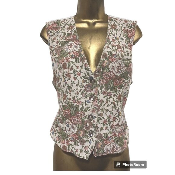 Vintage Floral Tapestry Vest 10 Victorian Regency Fairy Cottage Blokette Teacher - Picture 1 of 9